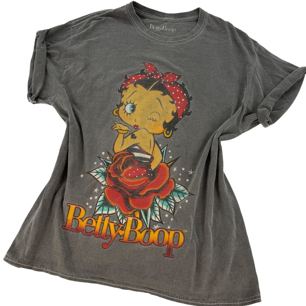 Betty Boop Graphic T Shirt Women XL Faded Y2K Tattoo Style Rose Tee